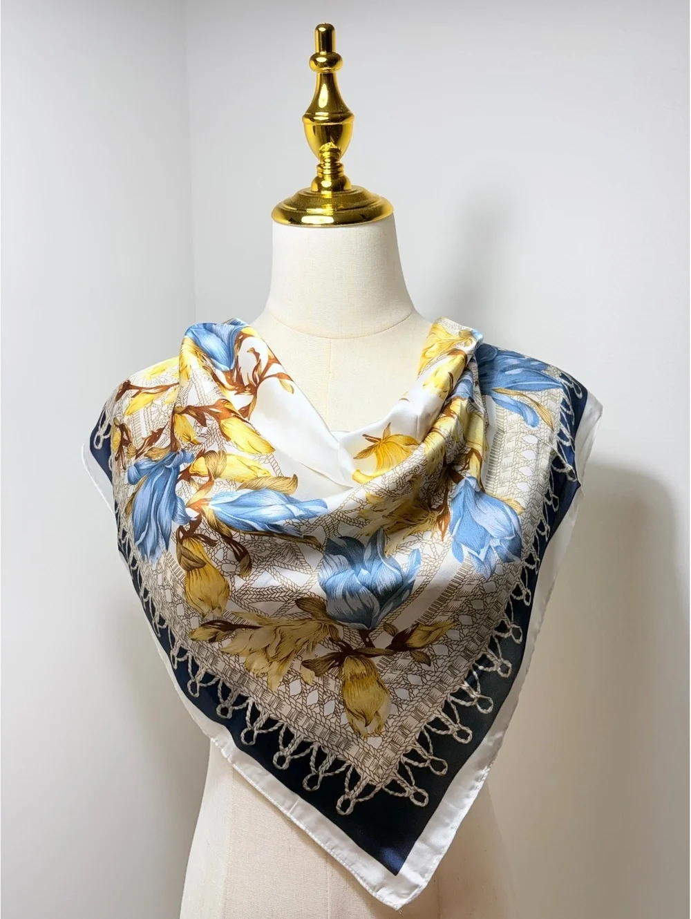 Elegant Floral Scarf with Blue and Yellow Flowers on Navy and White Border